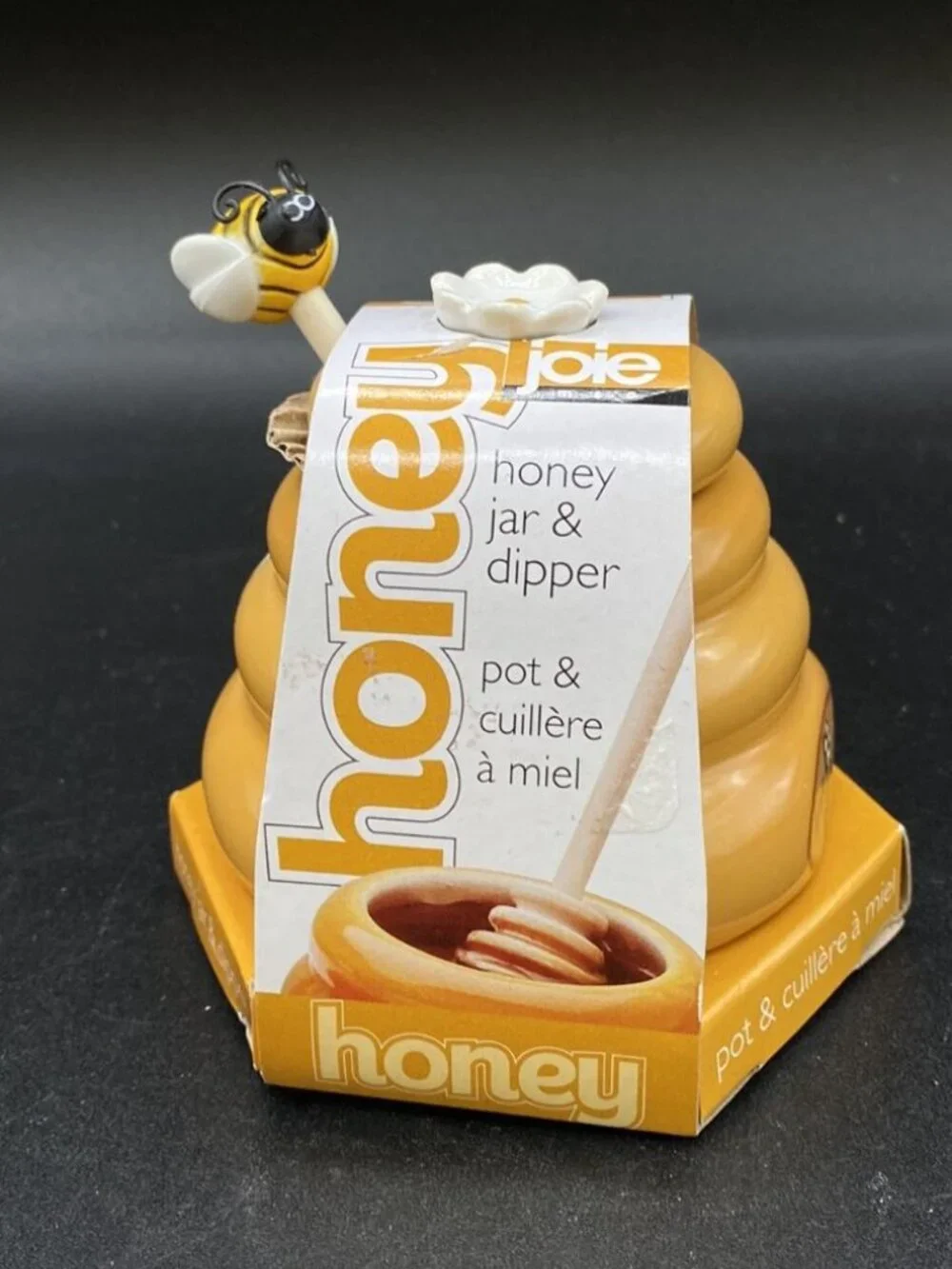 Mini Honey Pot Ceramic Jar & Wood Dipper Joie MSC Beehive with Bee 2002 BPA free